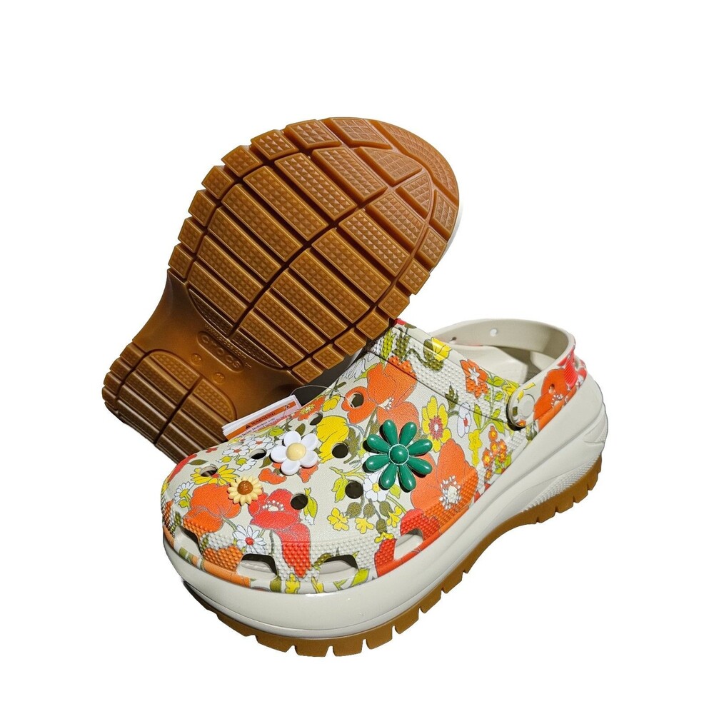 New RARE Crocs CLSS Mega Crush Retro Floral CLOG FLOWER Charm Classic Women's 9